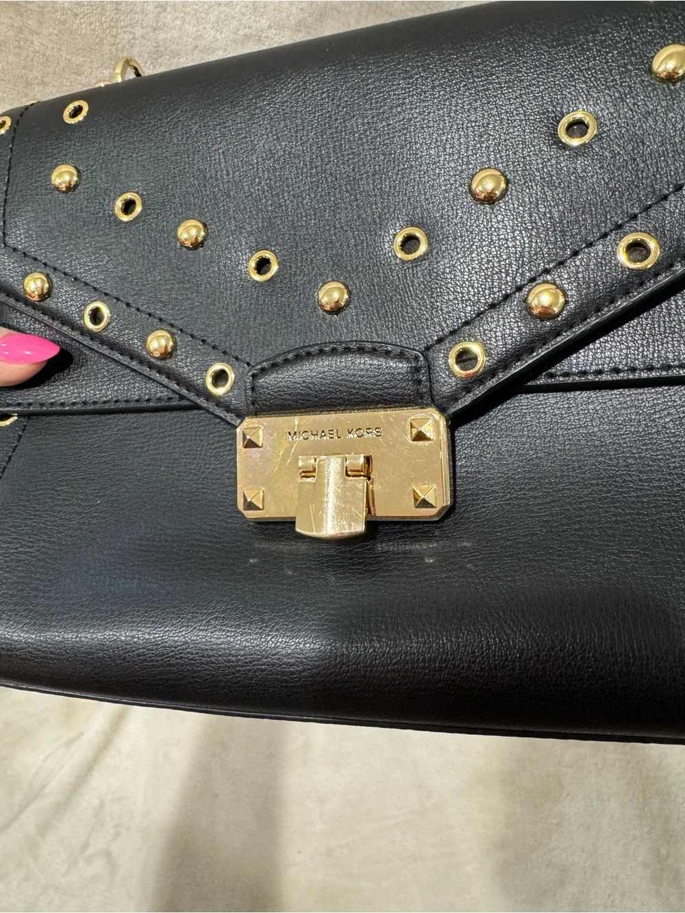 Michael Kors Black Kinsley Leather Studded Leather Satchel - Gold Hardware